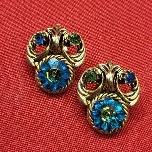 Vintage Gold Tone Green and Blue Rhinestones Clip Earrings